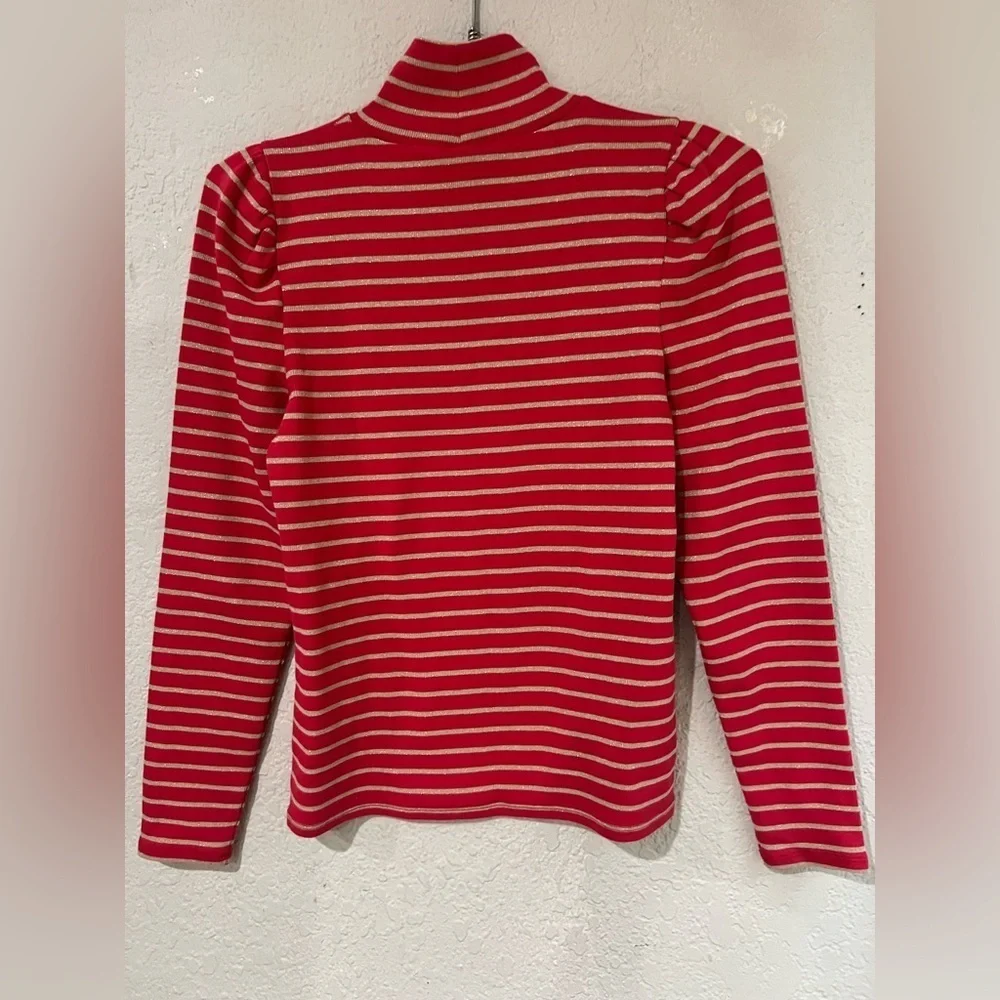 J Crew women’s NNT Size M Red Puff-Sleeve Turtleneck with Metallic Gold Stripes